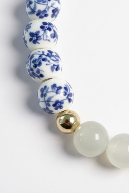 Blue + White Porcelain + Moonstone Stretch Bracelet