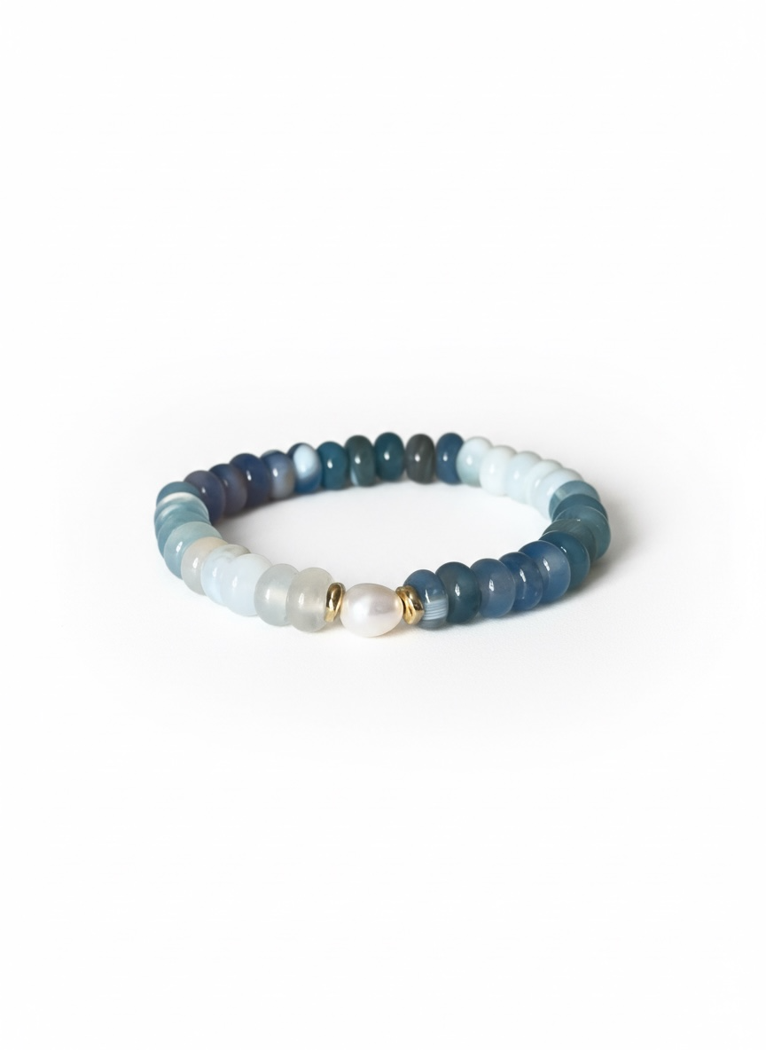 Blue, Purple and White Agate with Natural Pearl Stretch Bracelet