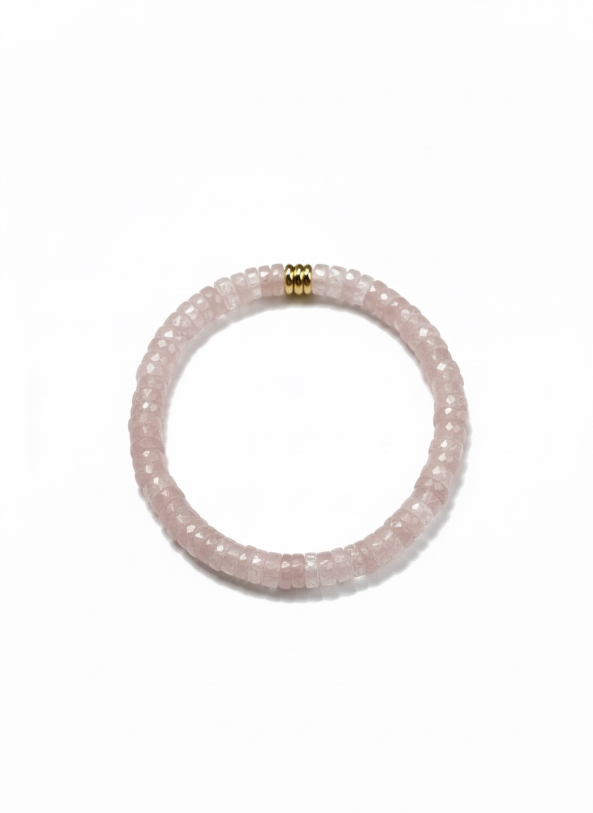 Faceted Rose Quartz Heishi Stretch Bracelet with 3 Gold Beads
