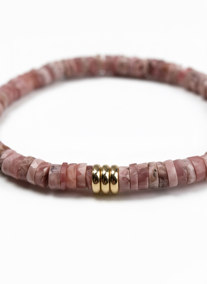 Faceted Rhodochrosite Heishi Stretch Bracelet with Gold