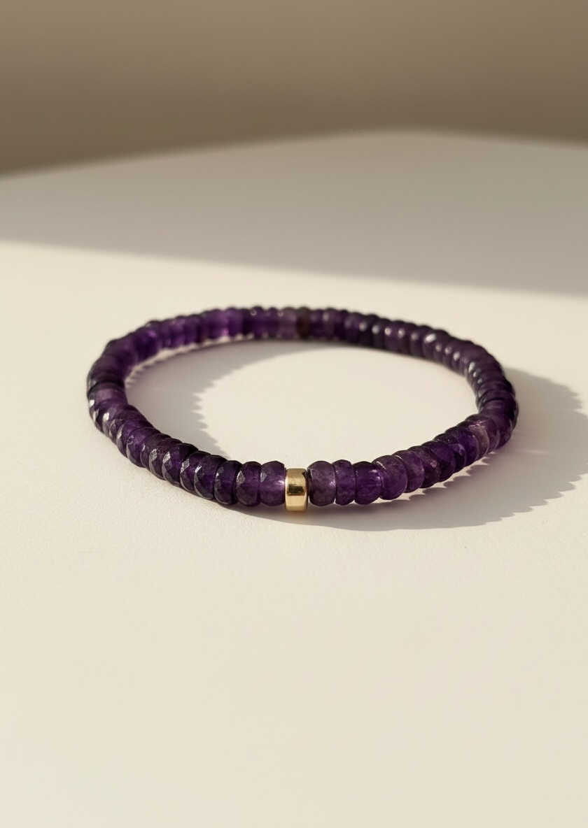 Faceted Heishi Amethyst Stretch Bracelet with Gold