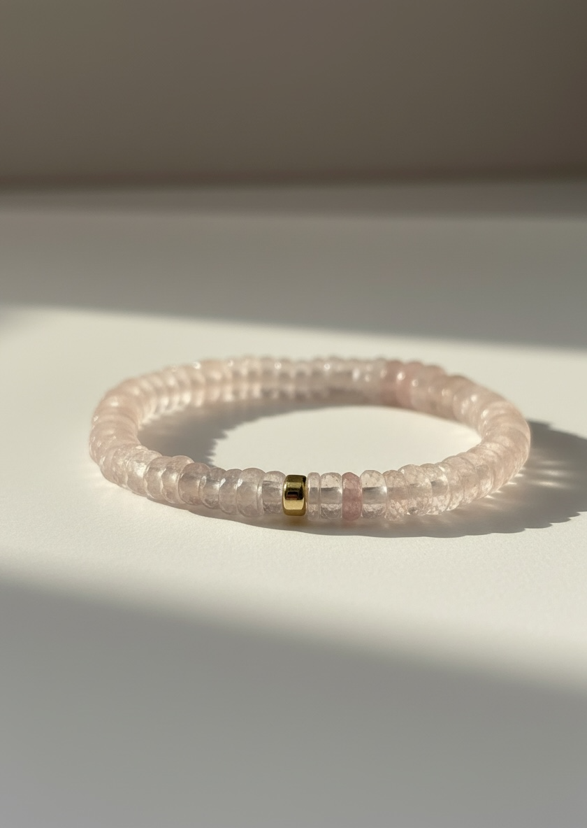 Faceted Rose Quartz Heishi Stretch Bracelet with Gold