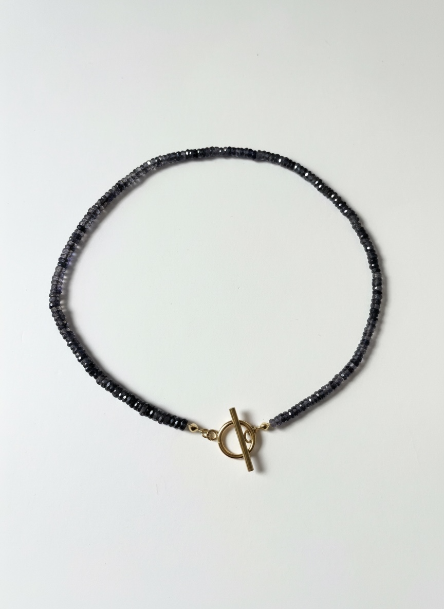 Natural Iolite Faceted Heishi Necklace with Gold Toggle Clasp