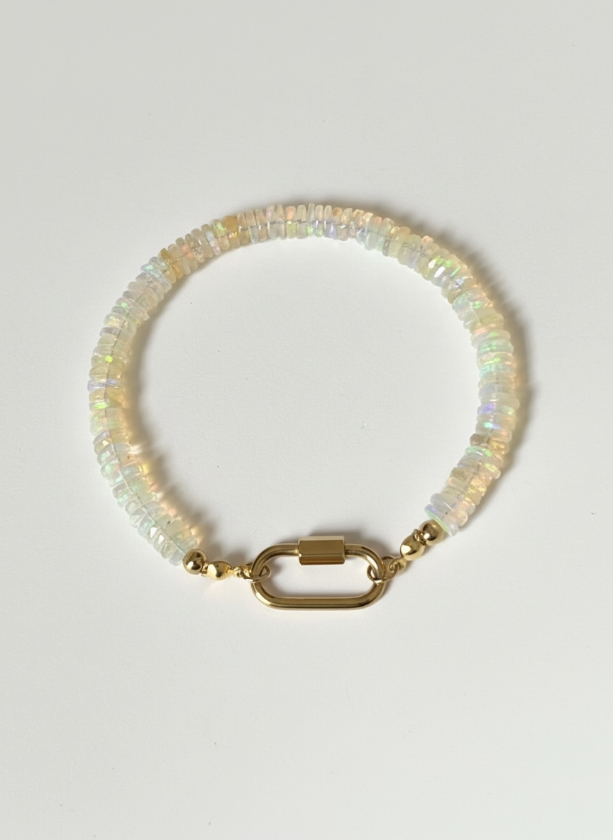 Natural Ethiopian Opal Faceted Heishi Bracelet with Rectangular Gold Carabiner