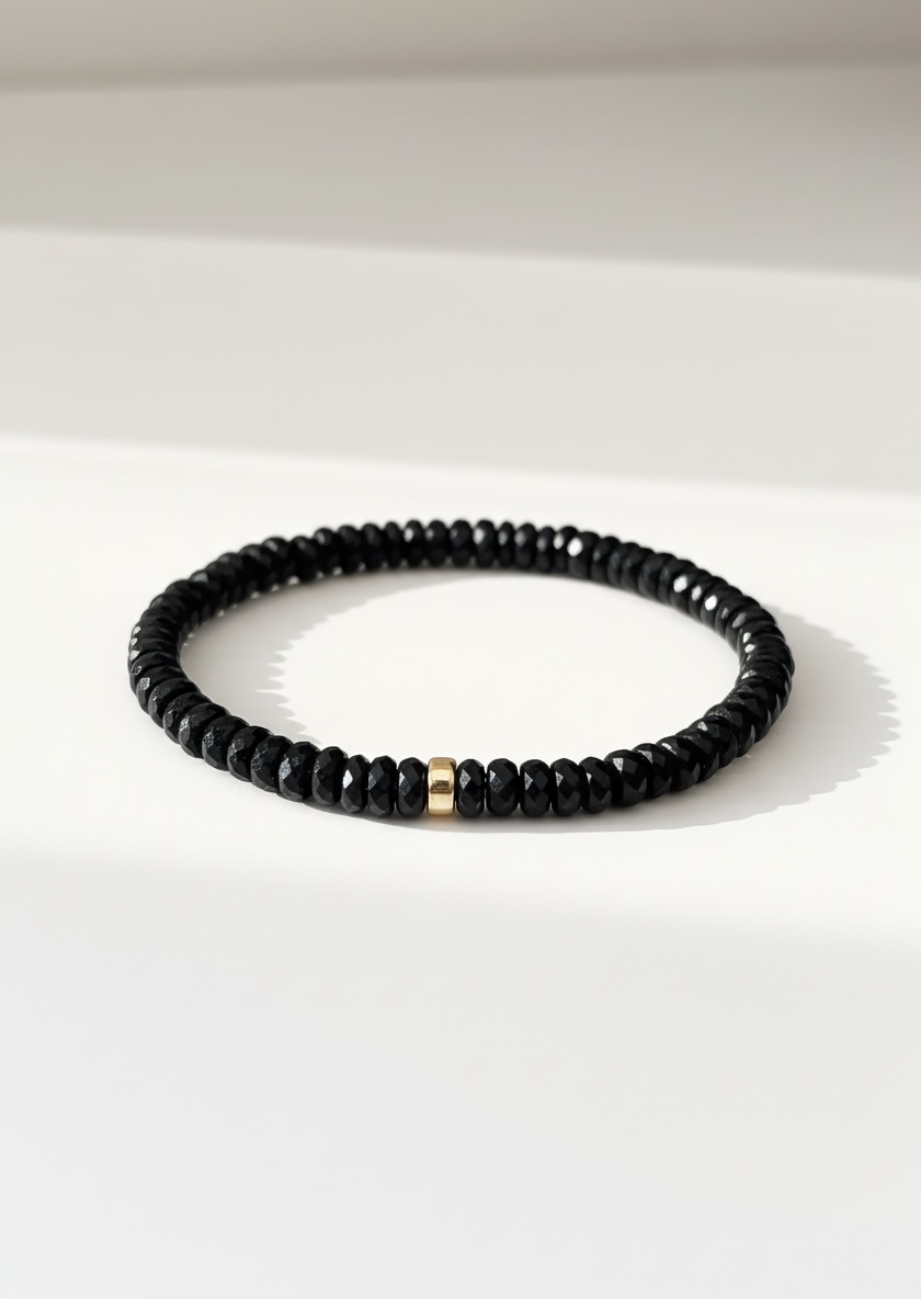 Faceted Black Tourmaline Heishi Stretch Bracelet with Gold