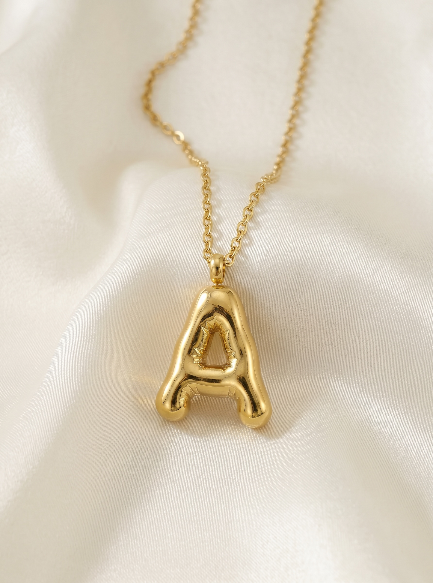 Waterproof Bubble Letter A Necklace in Gold
