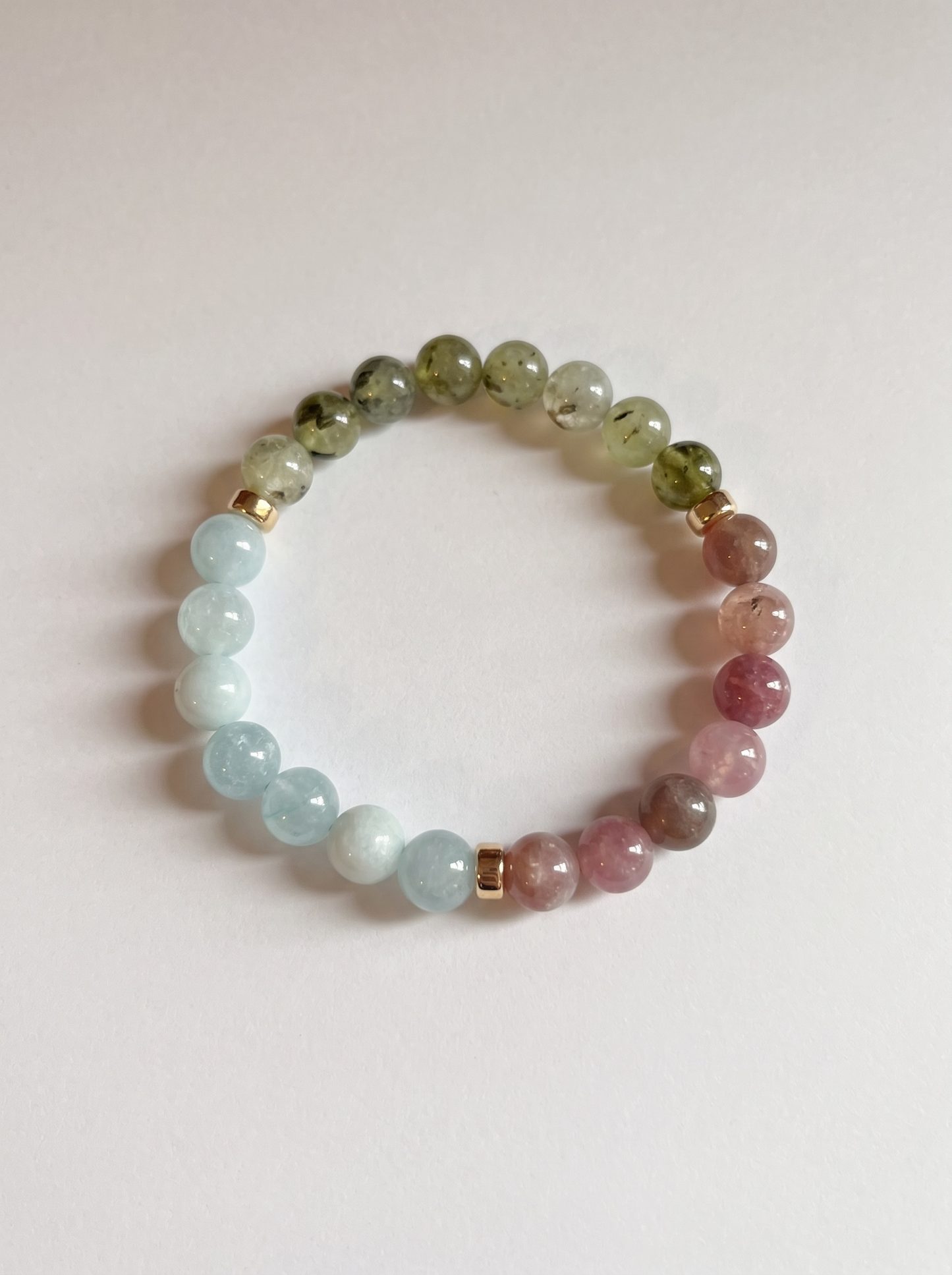 The Pastel Meadow Stretch Bracelet: Aquamarine, Lepidolite, Prehnite + Gold