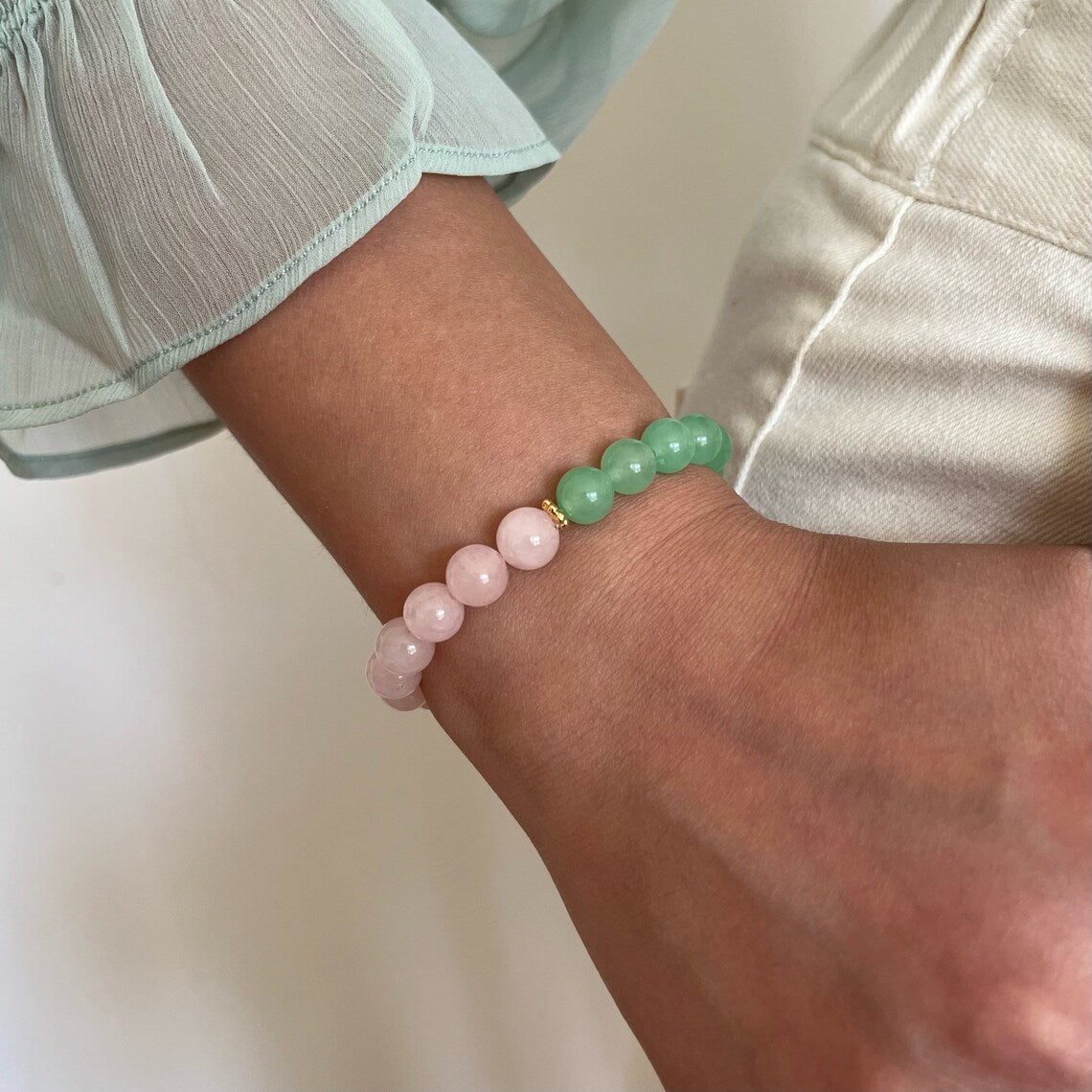 Green Jade + Rose Quartz Stretch Bracelet