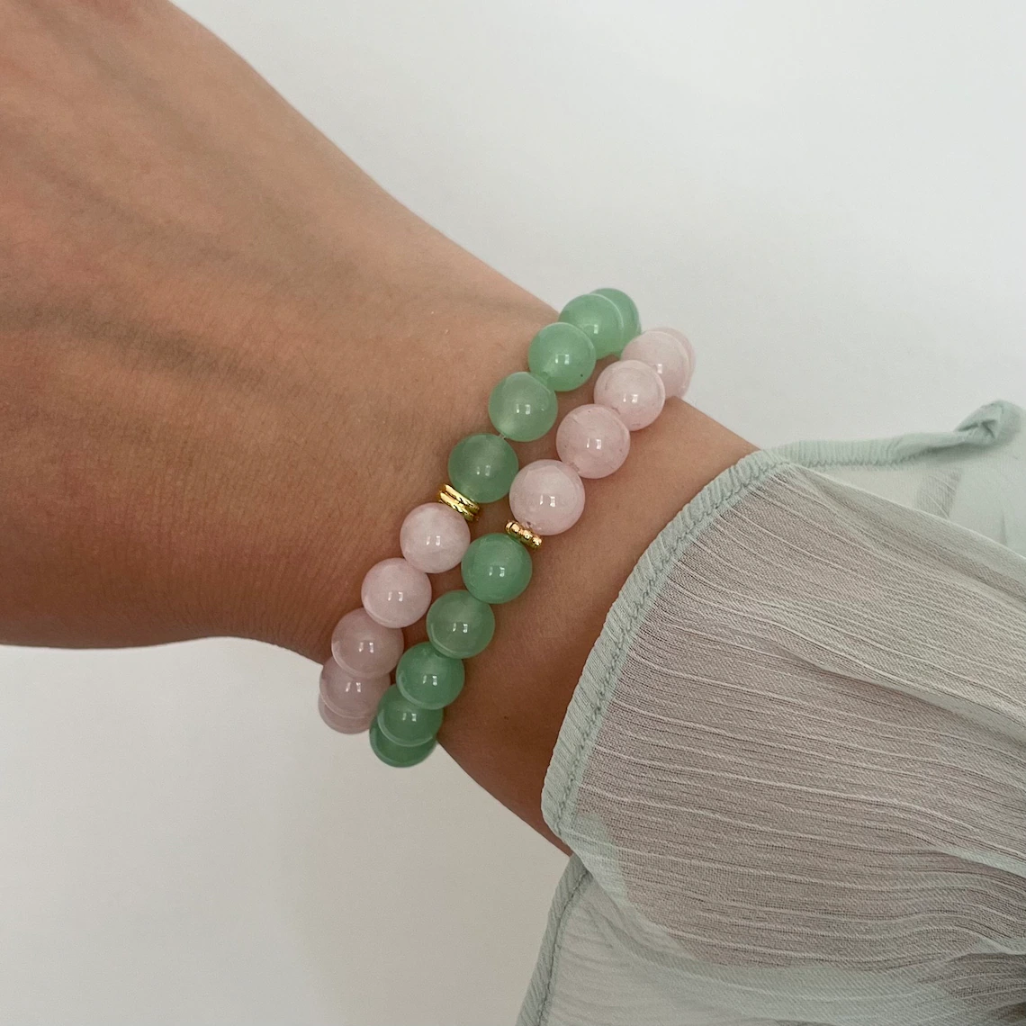 Green Jade + Rose Quartz Stretch Bracelet