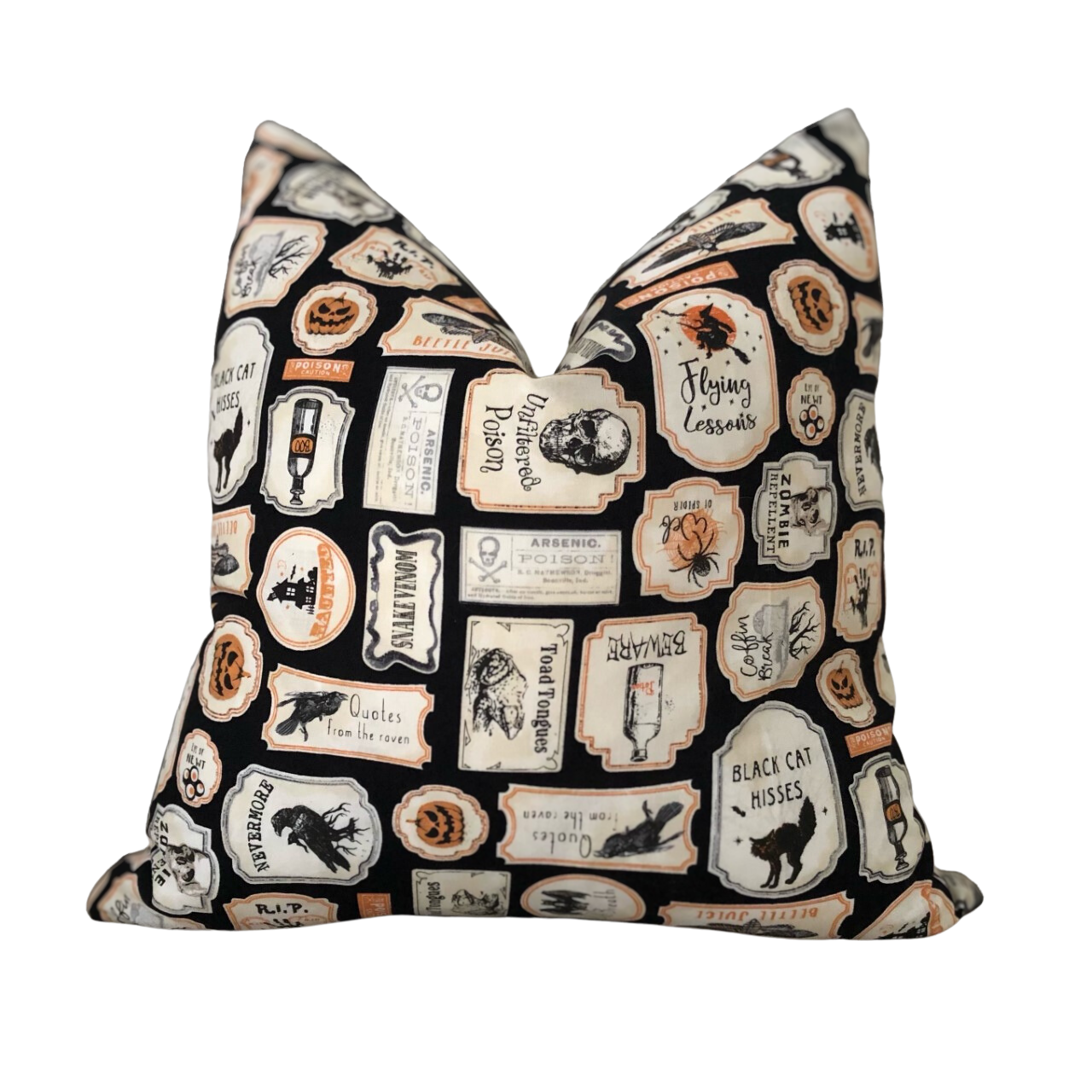 halloween. hallowen pillow. bettle juice. home decor. unfiltered poison. black cat. witch. bat. spider. spiders. black cat. pumpkin. black. orange. flying lessons. broom. spooky. scary.