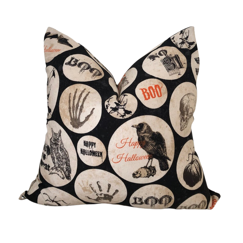 happy halloween. boo. scary. home decor. halloween pillow. crow. hand. spiders. pumpkin. no 31. skull.