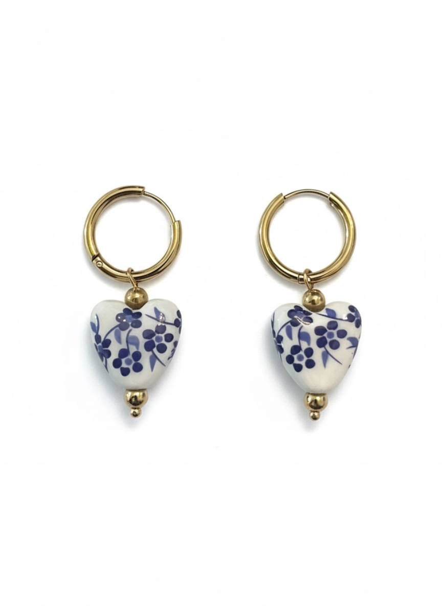 Blue + White Porcelain Heart Huggie Hoop Earrings