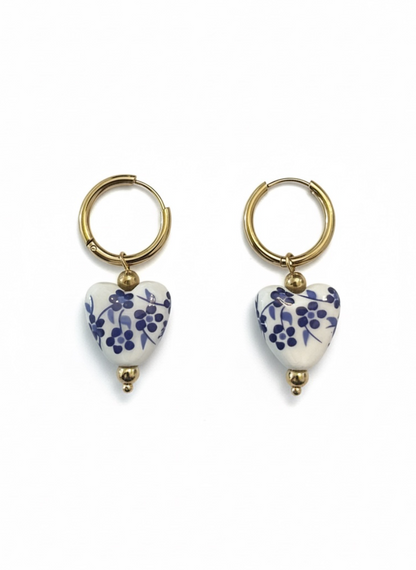 Blue + White Porcelain Heart Huggie Hoop Earrings