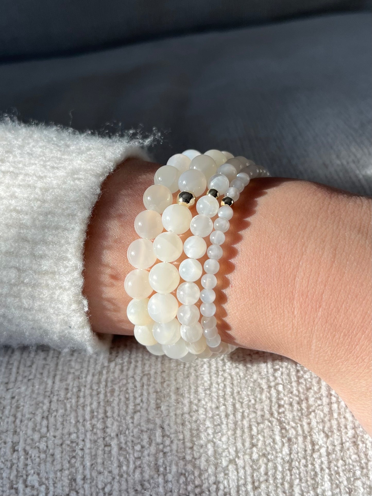 White Moonstone with Round Gold Bead Stretch Bracelet