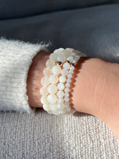 White Moonstone with Round Gold Bead Stretch Bracelet