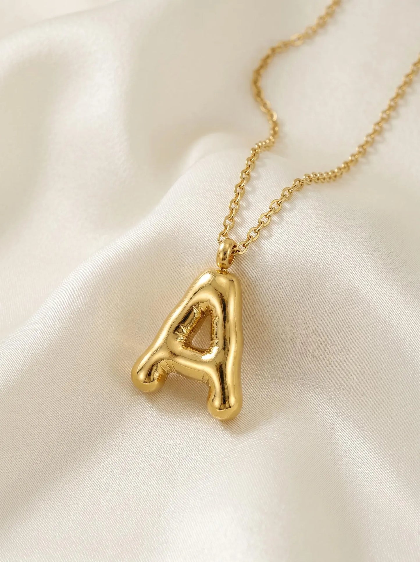 Waterproof Bubble Letter A Necklace in Gold