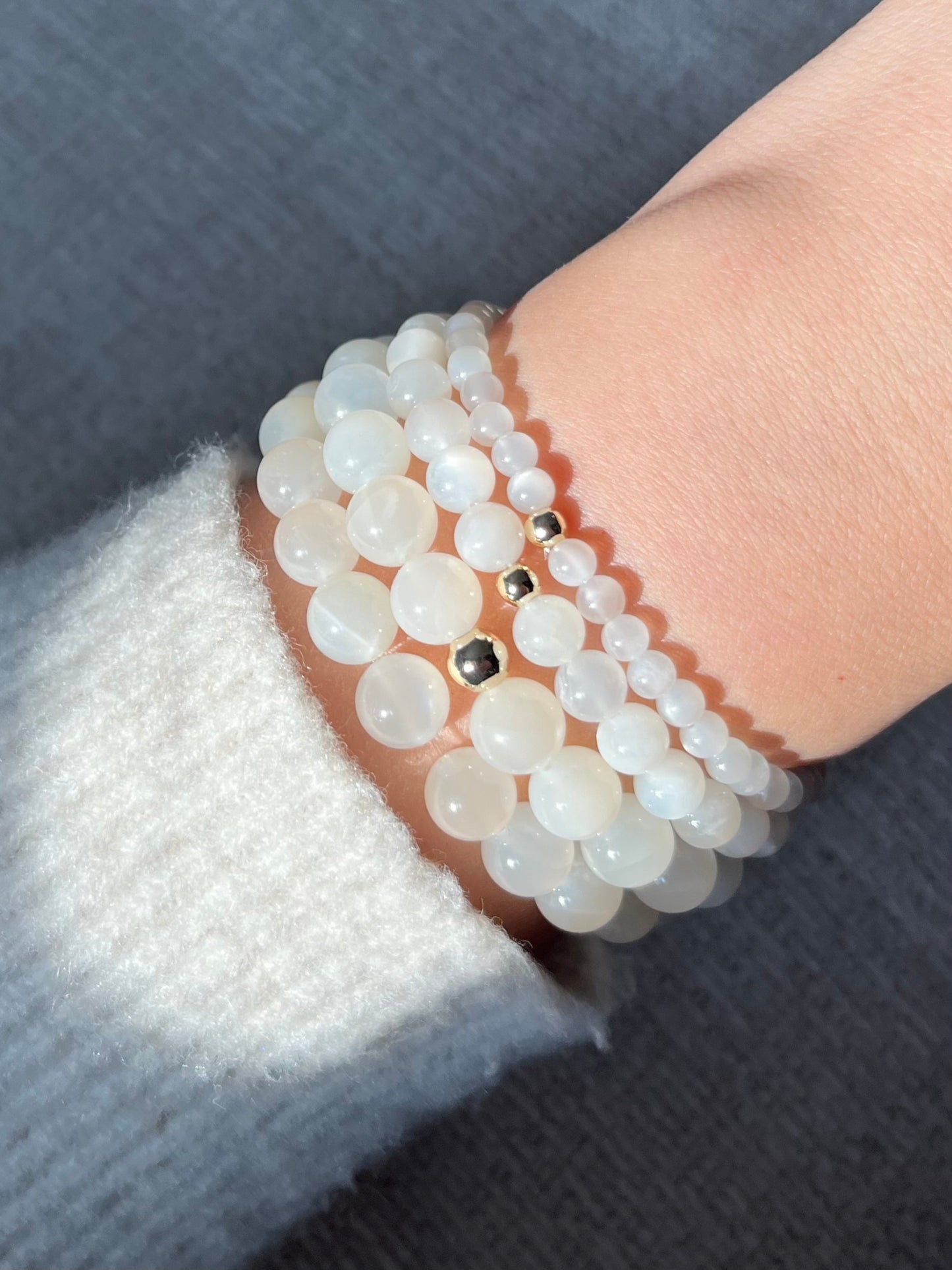 White Moonstone with Round Gold Bead Stretch Bracelet