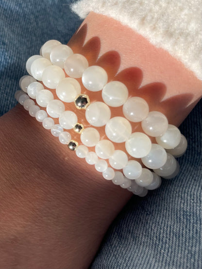 White Moonstone with Round Gold Bead Stretch Bracelet