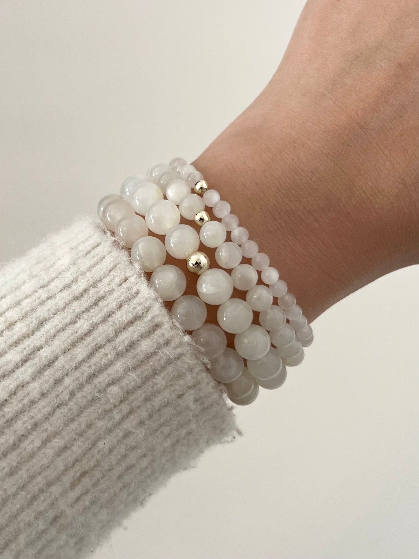White Moonstone with Round Gold Bead Stretch Bracelet
