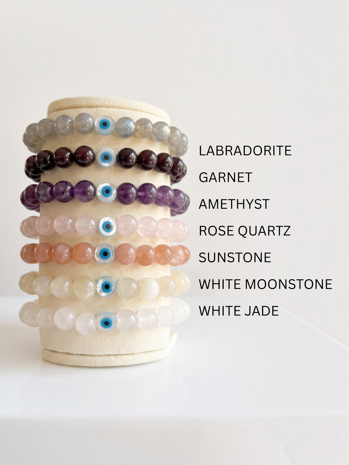 Gemstone + Mother of Pearl Evil Eye Stretch Bracelet
