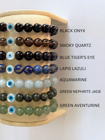 Gemstone + Mother of Pearl Evil Eye Stretch Bracelet