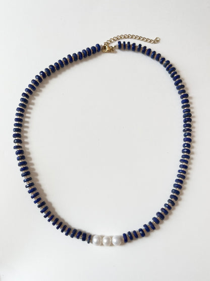 Natural Lapis Lazuli Faceted Heishi Necklace with Pearls