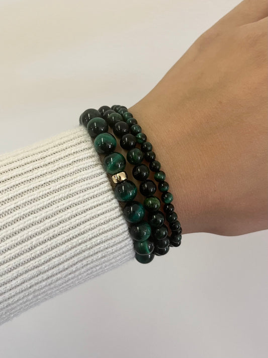 Green Tiger’s Eye Stretch Bracelet with Gold or Silver
