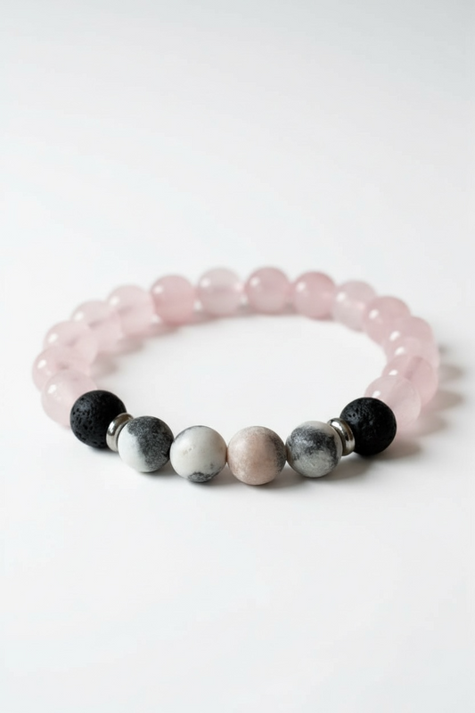 Lava, Pink Zebra Jasper + Rose Quartz Stretch Bracelet