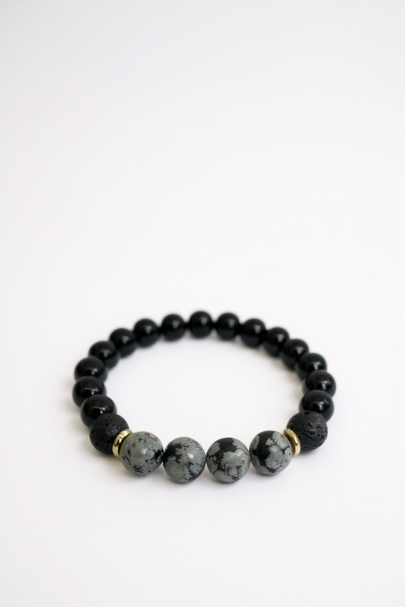 Lava, Onyx + Snowflake Obsidian Stretch Bracelet