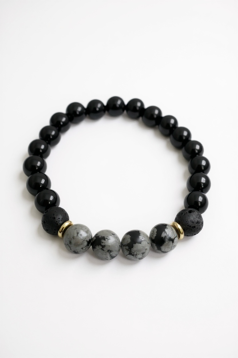 Lava, Onyx + Snowflake Obsidian Stretch Bracelet