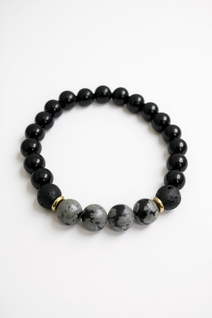 Lava, Onyx + Snowflake Obsidian Stretch Bracelet