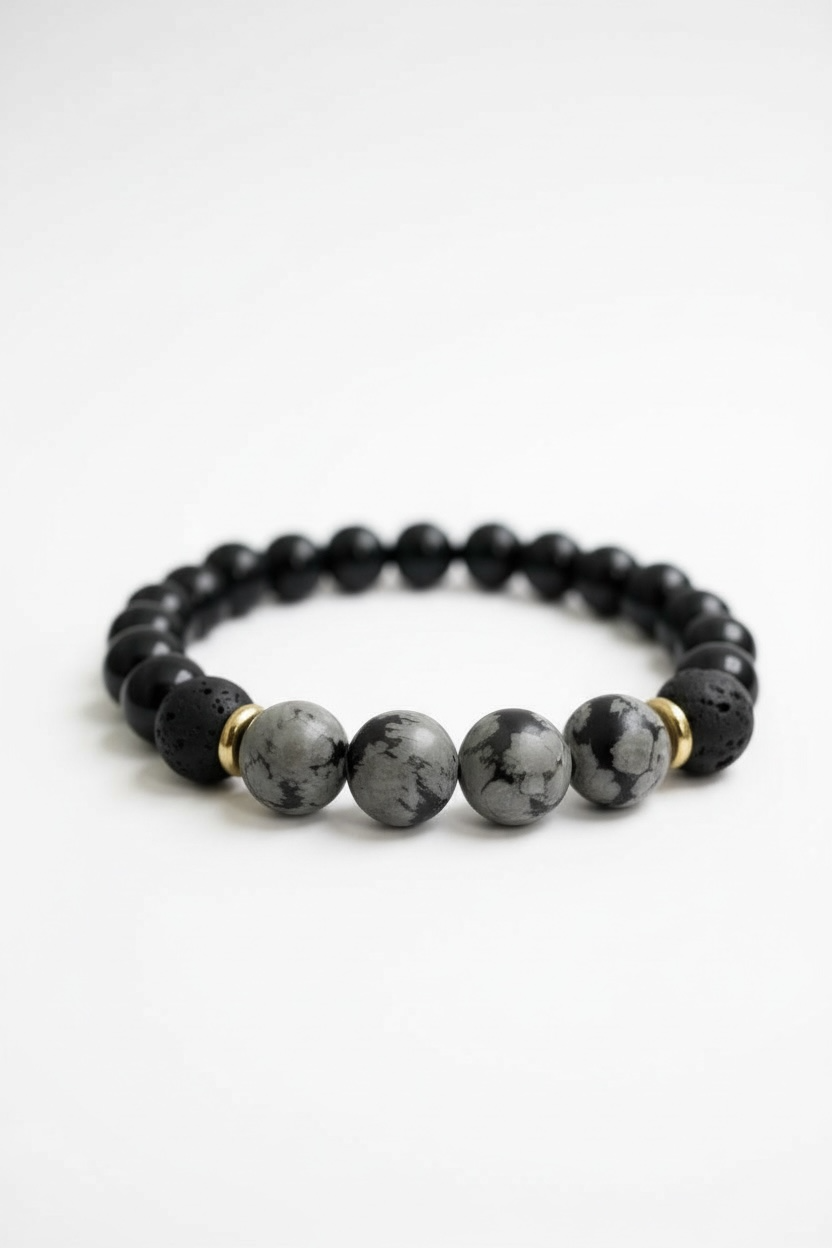 Lava, Onyx + Snowflake Obsidian Stretch Bracelet