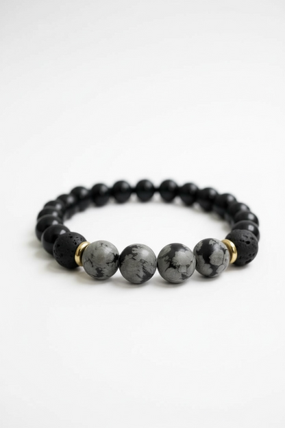 Lava, Onyx + Snowflake Obsidian Stretch Bracelet