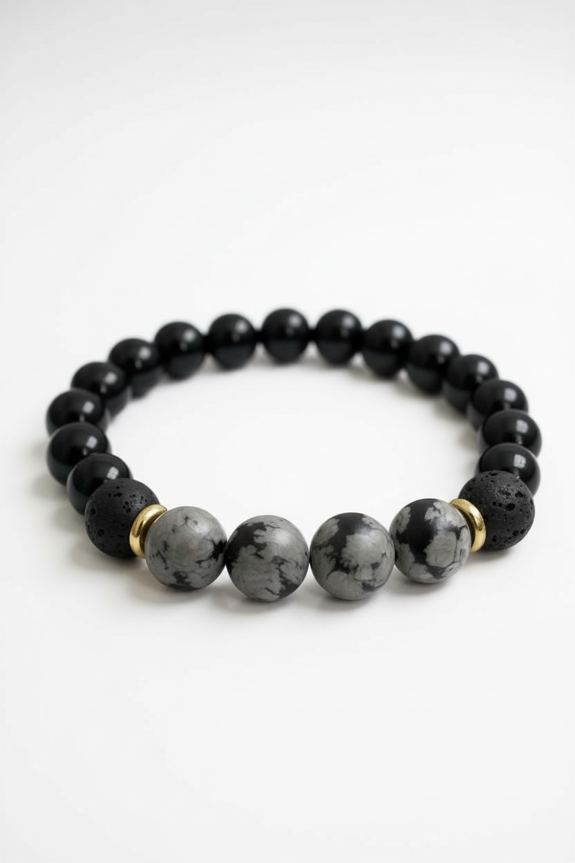 Lava, Onyx + Snowflake Obsidian Stretch Bracelet