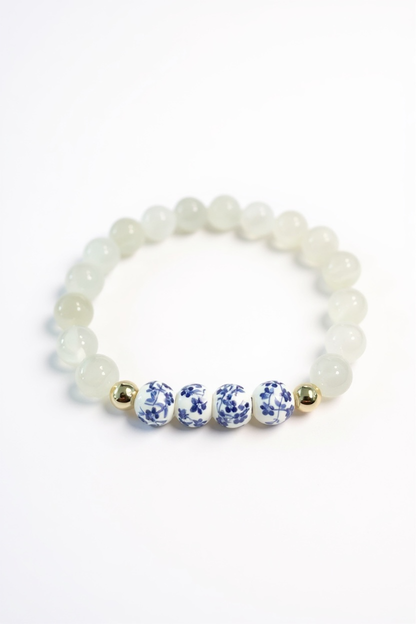 Blue + White Porcelain + Moonstone Stretch Bracelet