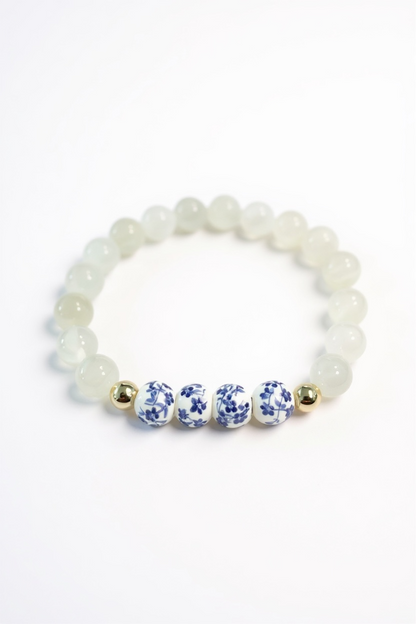 Blue + White Porcelain + Moonstone Stretch Bracelet
