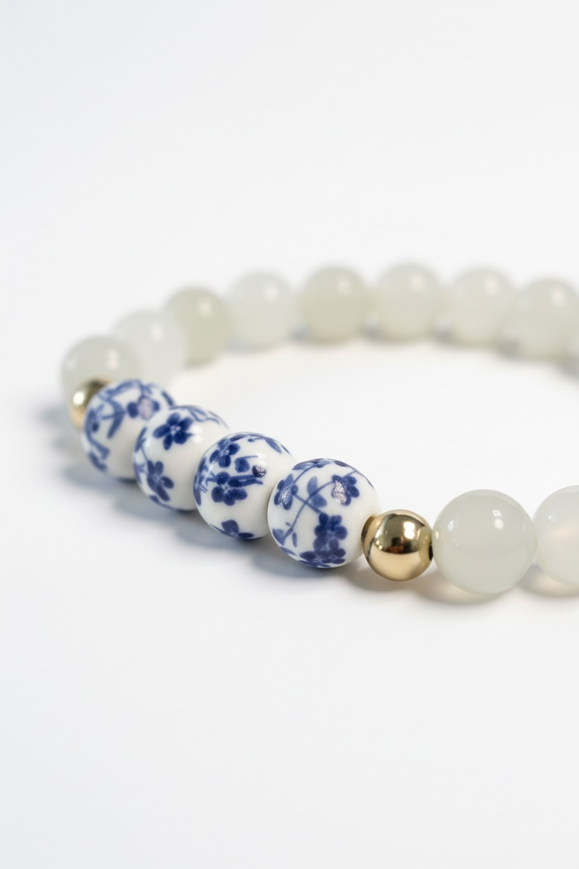 Blue + White Porcelain + Moonstone Stretch Bracelet