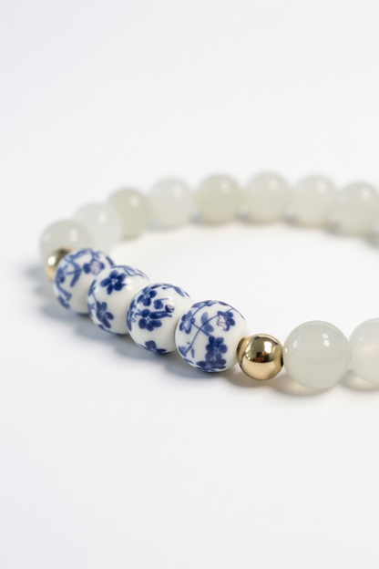 Blue + White Porcelain + Moonstone Stretch Bracelet