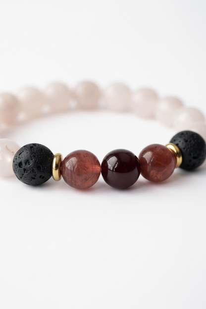 Lava, Garnet, Rose Quartz Strawberry Quartz Stretch Bracelet