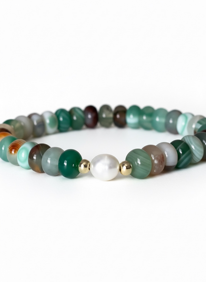 Green, Orange and White Agate with Natural Pearl Stretch Bracelet