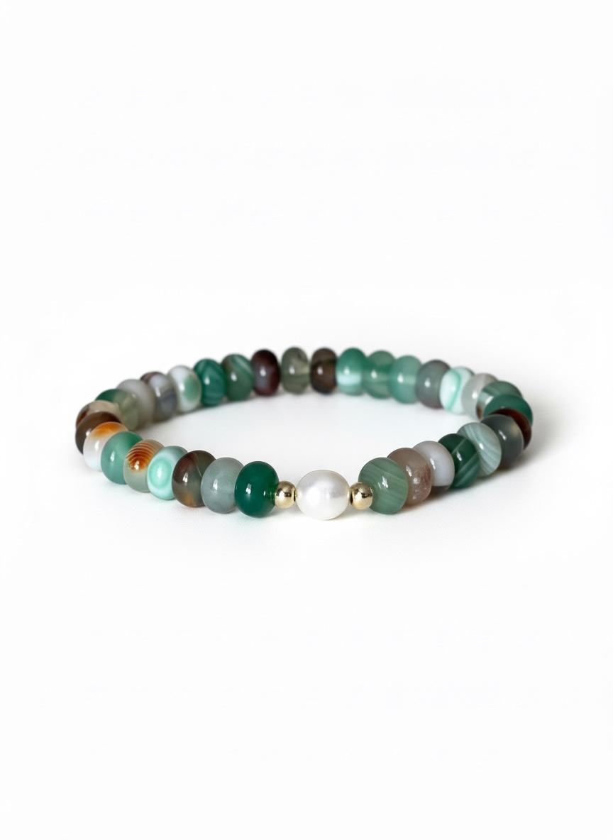 Green, Orange and White Agate with Natural Pearl Stretch Bracelet