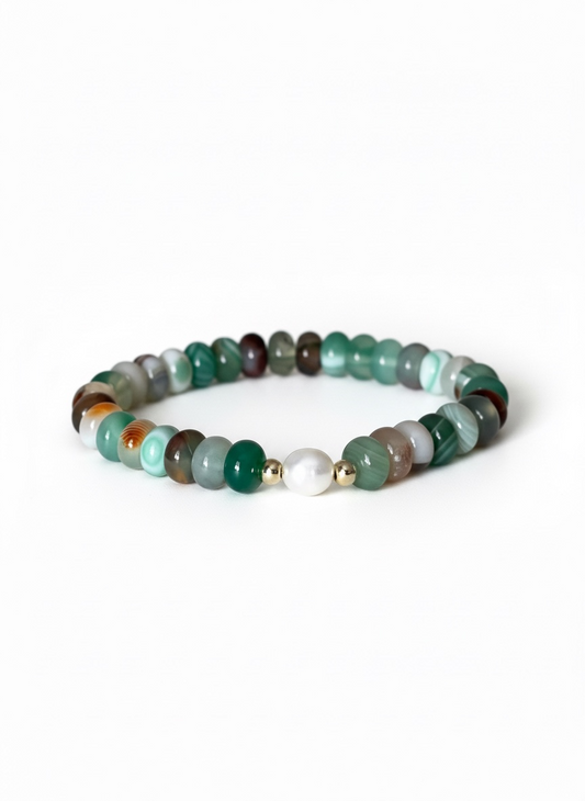 Green, Orange and White Agate with Natural Pearl Stretch Bracelet