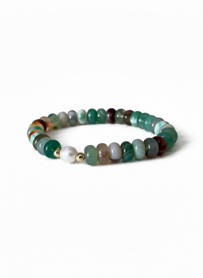Green, Orange and White Agate with Natural Pearl Stretch Bracelet