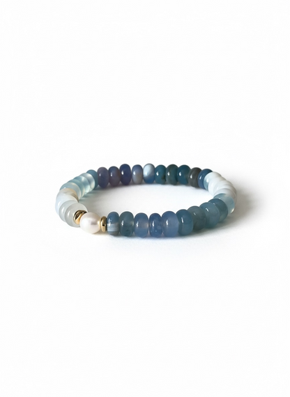 Blue, Purple and White Agate with Natural Pearl Stretch Bracelet