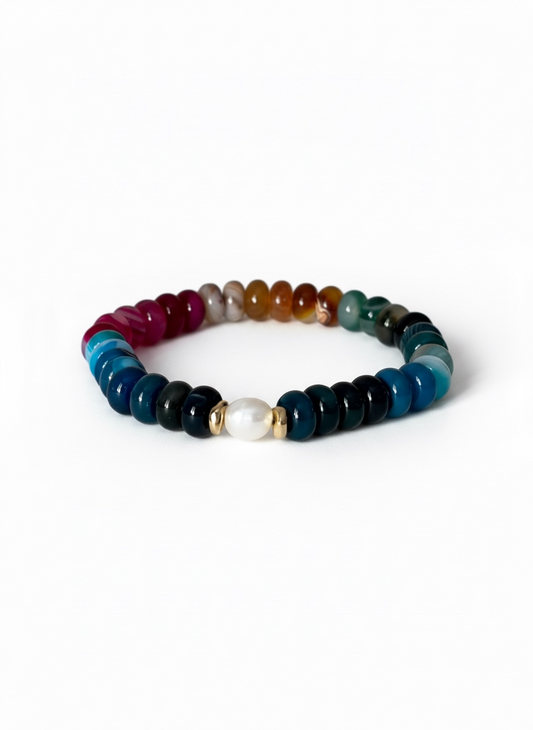 Colourful Agate with Natural Pearl Stretch Bracelet
