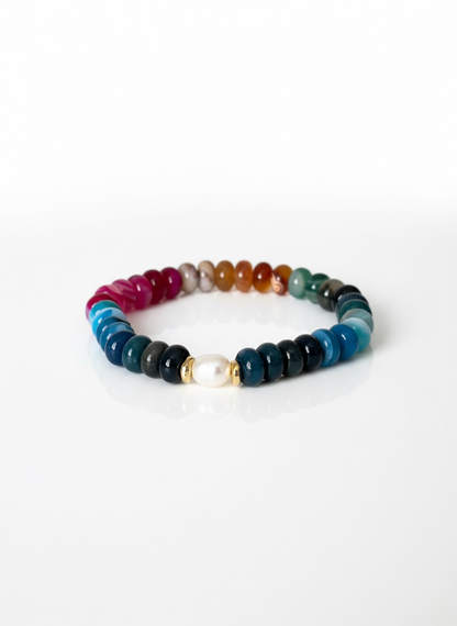 Colourful Agate with Natural Pearl Stretch Bracelet