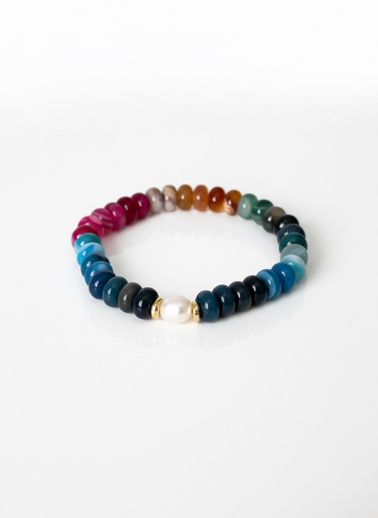 Colourful Agate with Natural Pearl Stretch Bracelet