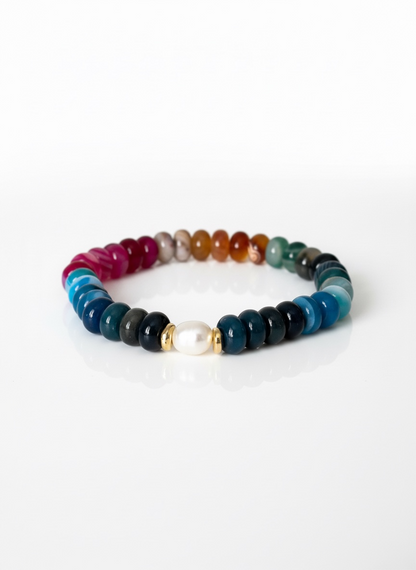 Colourful Agate with Natural Pearl Stretch Bracelet