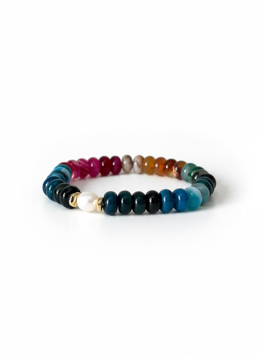 Colourful Agate with Natural Pearl Stretch Bracelet