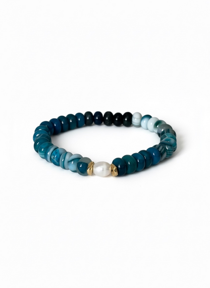 Blue and White Agate with Natural Pearl Stretch Bracelet